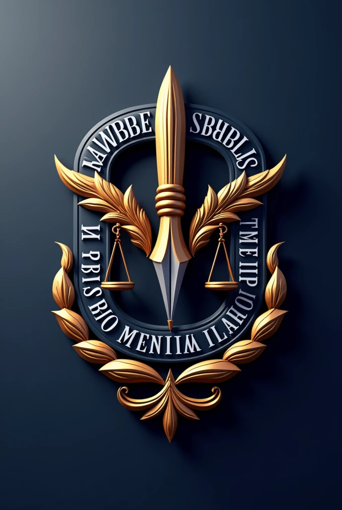 Create a polished 3D of the 'MARLEEN PRAMBANAN Audit Marissa Group' logo. The design should feature a pen and steal stamp to represent authenticity and authority. Integrate a farmacy seal and scales of justice to emphasize the legal and professional nature of the services. The logo text should be in bold, with a harmonious blend of navy blue, gold, silver, white, and deep burgundy colors. The overall aesthetic should be classic, business-like, and elegant, projecting trust, reliability, and professionalism."