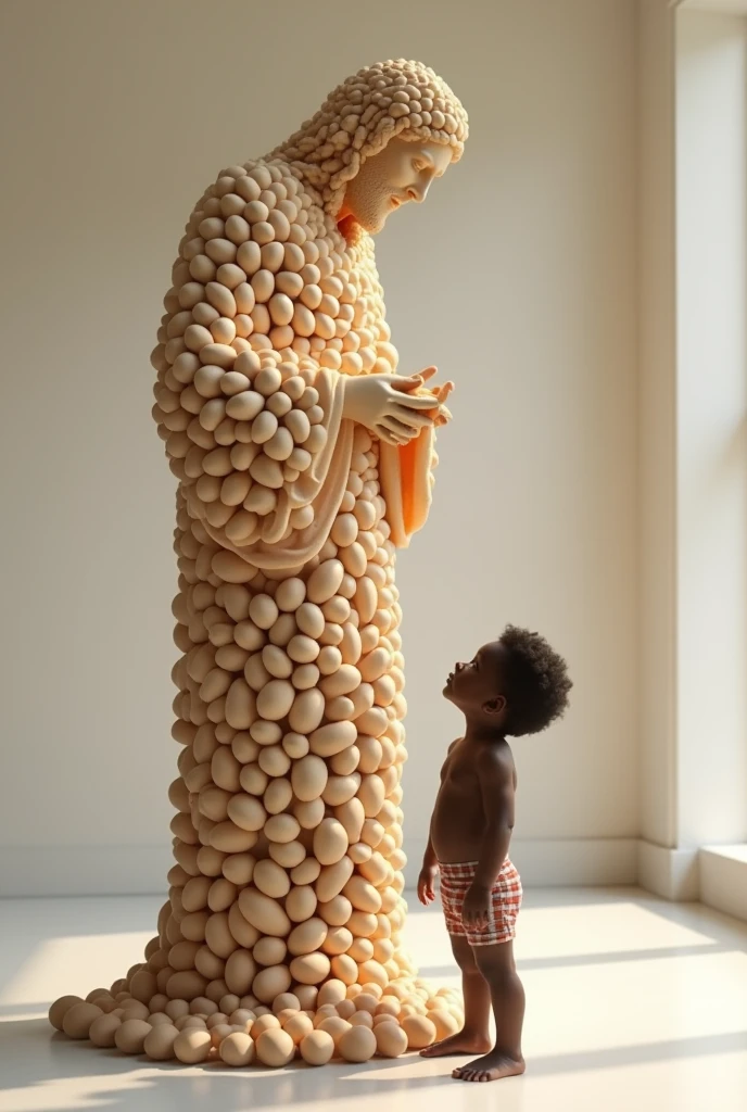 Black child next to a sculpture of Jesus made of eggs