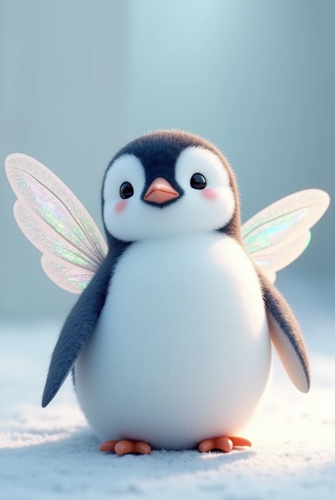 I want you to make a cute, realistic penguin., that it be white with iridescent colors that have hummingbird-type wings. I love it but I want it to be more like white colors and the wings more delicate and white iridescent color