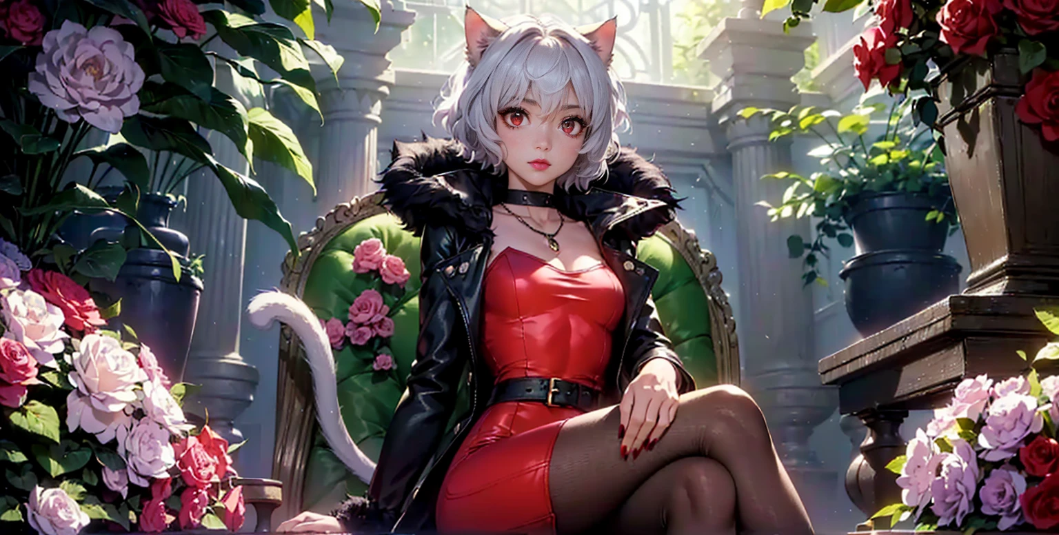 ((1girl, solo ,alone)), ((solo, 1woman, ((neferpitou, cat tail, short white hair, short messy hair, cat ears, red eyes, small bust)), woman, lipstick), Extremely detailed, ambient soft lighting, 4k, perfect eyes, a perfect face, perfect lighting, a 1girl)), ((solo, (1woman, lipstick), Extremely detailed, ambient soft lighting, 4k, perfect eyes, a perfect face, perfect lighting, a 1girl)), , ((fitness,, shapely body, athletic body, toned body)), (( pink dress, sitting in the throne, legs crossed, high heels, throne, mischievou, high heels, sitting, legs crossed, botanical garden, plants, flowers, twilight, necklace, fur coat, shaggy coat, down coat, tights ))
