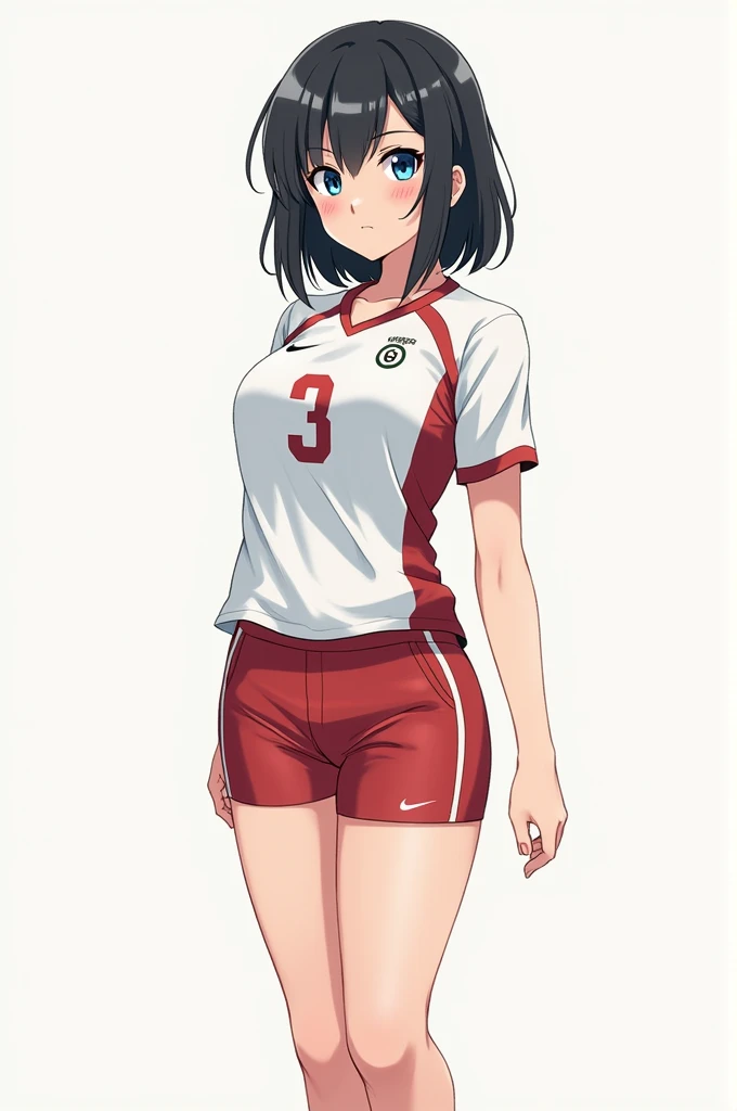 Create one with slanted eyes, Curtain bangs, waist-length black hair and wearing volleyball gear