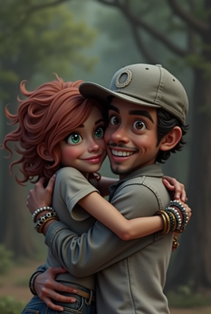 make this girl in the picture hug João Romania, the singer, the girl wears many bracelets, has wavy hair 2a/2b, medium red closed in green eyes