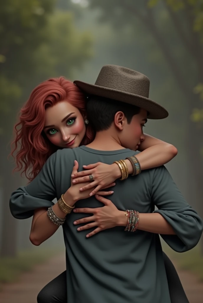 make this girl in the picture hug João Romania, the singer, the girl wears many bracelets, has wavy hair 2a/2b, medium red closed in green eyes