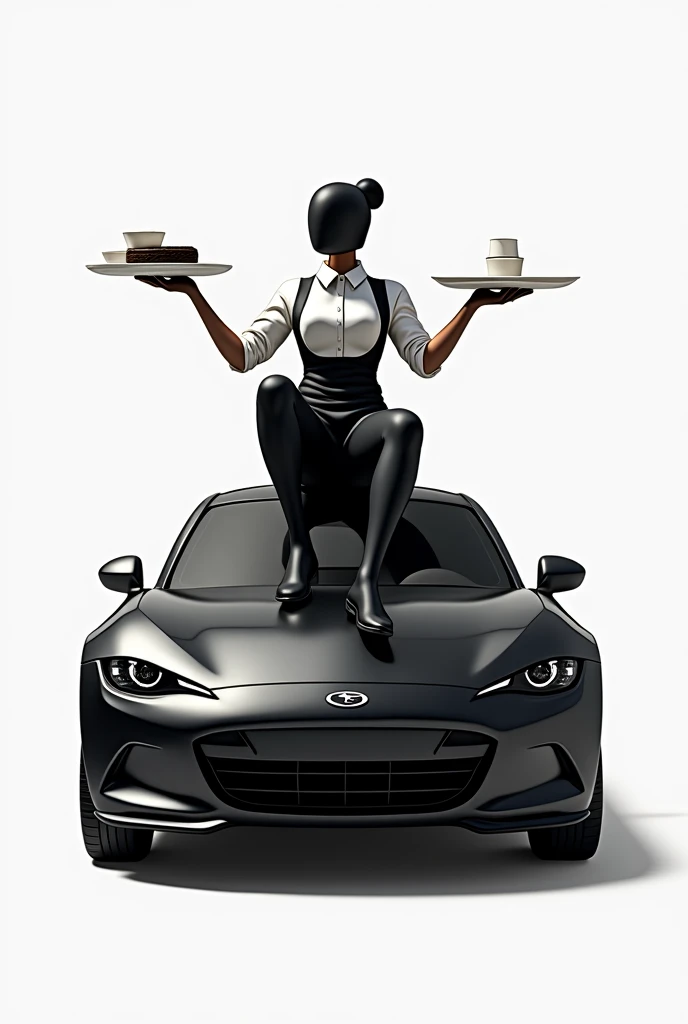 shape of a faceless waitress sitting on top of a black car and the waitress holding a tray, for a logo