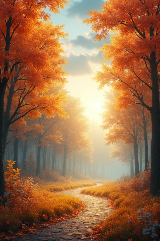 make me this landscape: Imagine a forest in the middle of autumn. The trees have warm-toned leaves, like gold and red, that fall gently to the ground. The sky is partly cloudy, but the sun&#39;s rays manage to filter through the clouds, illuminating the landscape with a soft, warm light. There is a light drizzle mixing with the fresh air., creating a refreshing and comforting environment. 

In the background, A small path winds through the trees, inviting to adventure. In the distance, the murmur of a brook adds a touch of serenity, while the scent of wet earth and fallen leaves fills the air. 

This landscape captures the essence of your friend: warmth and sensitivity, the beauty that emerges after the storm, and the comfort of knowing that, Despite the difficulties, There is always something good waiting for us.