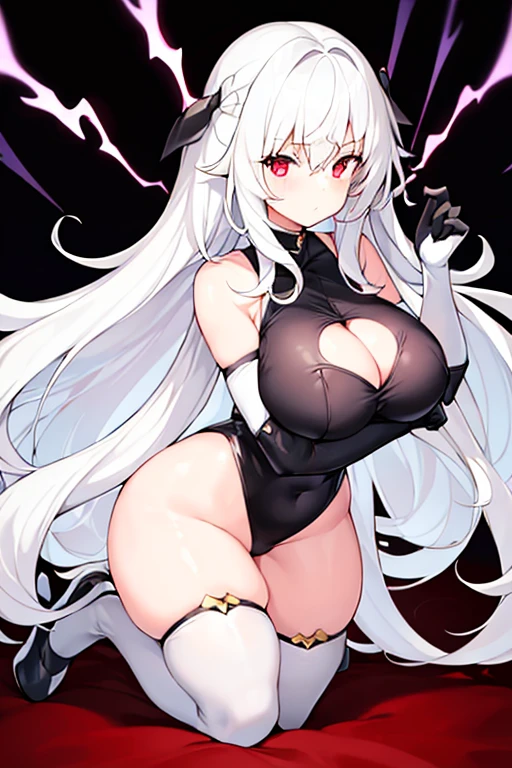 1girl, large breasts, thick thighs, leotard, black leotard, cleavage cutout, white thighhighs, thighhighs, white hair, long hair, red eyes, serious, electricity, elbow gloves, gloves, white gloves, mature female, hourglass figure, full body, neon trim