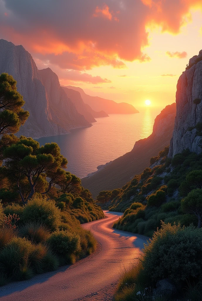 (photorealism: 1.2), realistic photo of a Corsican landscape at sunset