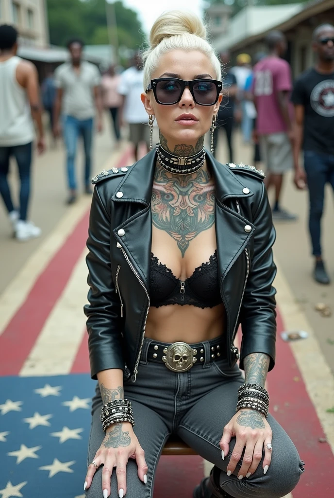 Anglosaxon old milf woman, , blonde platinum hair (beehive bun, black parsley headband), with very light green eyes, extremely pale. Wearing oversized square black maxisunglasses Wearing studded cropped black moto jacket (verical zippers on the sides). Black lace push up bra, dark grey skinny low rise jeans (worn knees and crotch). Silver Chelsea boots with cuban heels. Lots of thick wide studded bracelets, chain collars and big rings. Tacky wide studded leather belt, with big skull and bones round buckle. Long earrings with chains. Squatting on a large ragged, dirty usa flag, looking at the photographer, chin up. Craving heavily. Hands on knees. Waste and garbage scattered on the floor. Looking at the camera, chin up. Toned abdominals, thin neck, slim legs and thin arms. Neck, chest, belly, hands and arms completely tattoed. Street of Nairobi, crowded with standing people