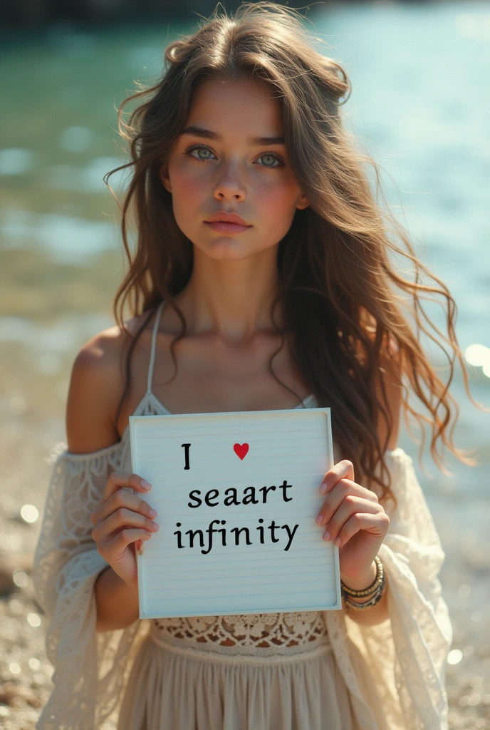 Beautiful girl with wavy long hair, bohemian dress, holding a white board with text "I Love Seaart Infinity" and showing it to the viewer