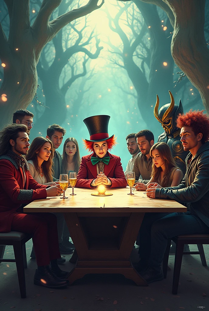 Make the Mad Hatter's rectangular table with him at the tip and in the middle of the image and the rest of the characters so that the table is facing forward Cyborg Joker Echo (Maya Lopez)
Jason Grace
Leo Valdez
Loki
Nico di Angelo
Piper McLean
Professor Xavier
Reyna Avila
Toph
Thor