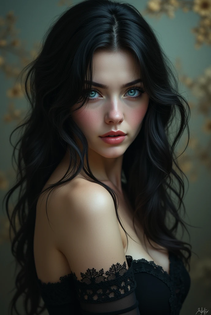 masterpiece, a woman with black hair and blue eyes