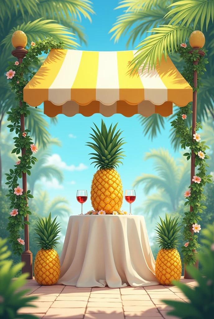 Generate an anime style image of a Pineapple Wine Stand with an awning connected to a square table with a white tablecloth and that on each side of the Pineapple Wine Stand there is a pineapple on the table and that the awning has vines with flowers on the tubes that support it and the top is decorated with palm leaves. 