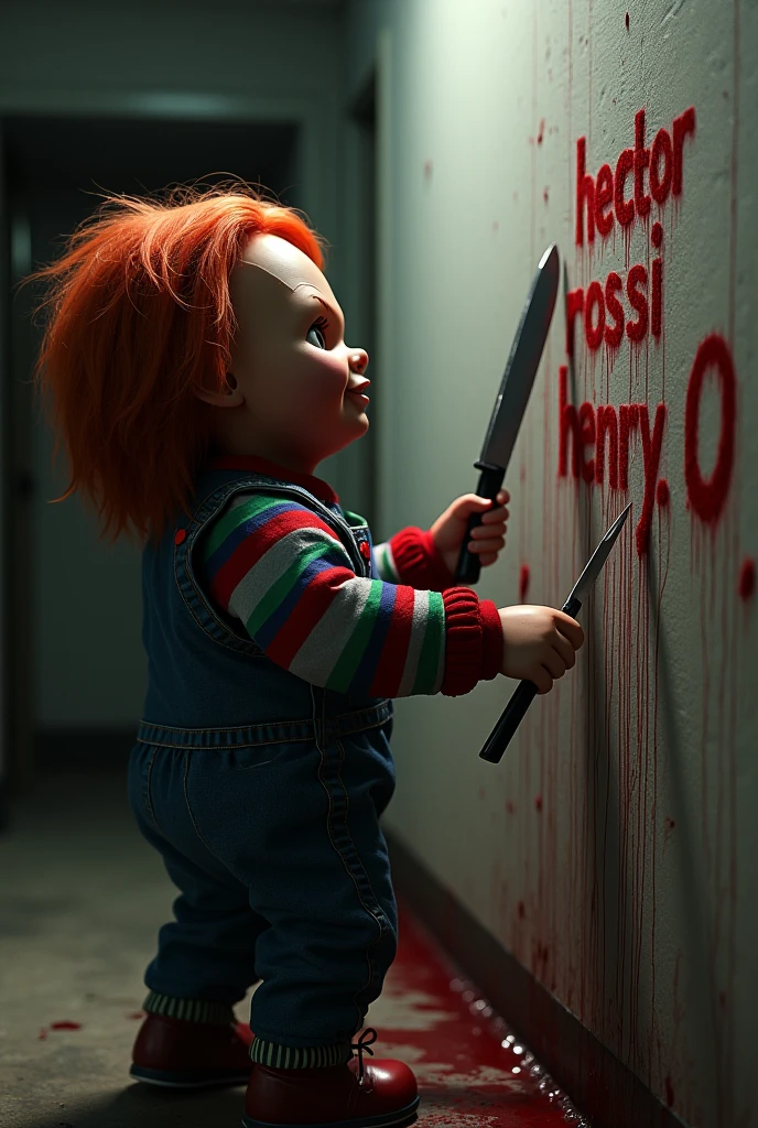 Chucky with a knife in his hand writing on the walls written in blood (( Hector Rossi)) Henry 2.0 more realistic image 