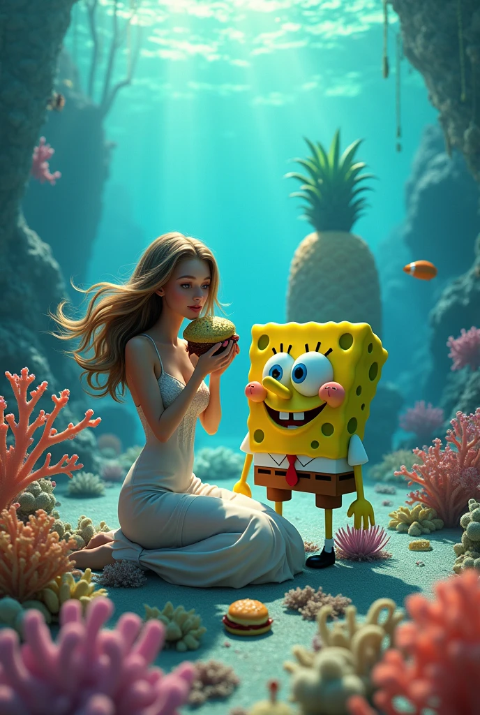 Woman at the bottom of the ocean eating a Krabby Patty with SpongeBob in Bikini Bottom