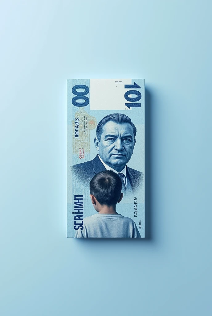 Light blue 100 Bs bill with the letters on the top saying Supreme Leader Isaí Fermin and a photo of a young boy with short hair from behind