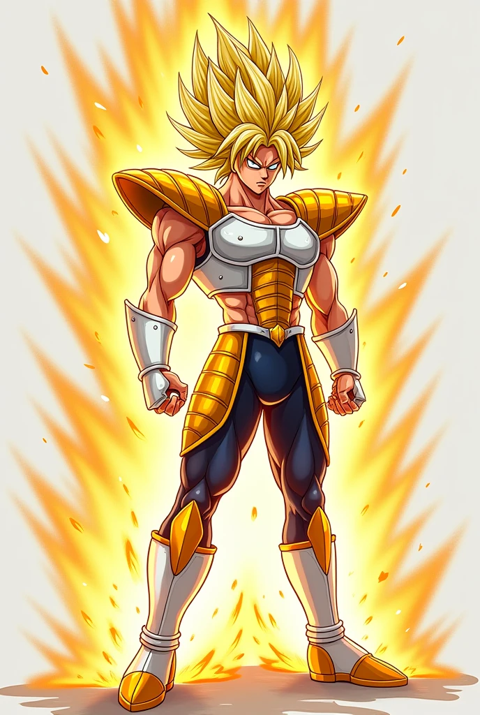 I wanted Pegasus Seiya to be drawn in the style of Dragon Ball Z., and without the armor, in your ordinary clothes, super sayajyn, only the transformation, without much emphasis on a broly form or anything like that, only transformed and without armor with the presence of Seiya&#39;s appearance with blond hair, he understands?