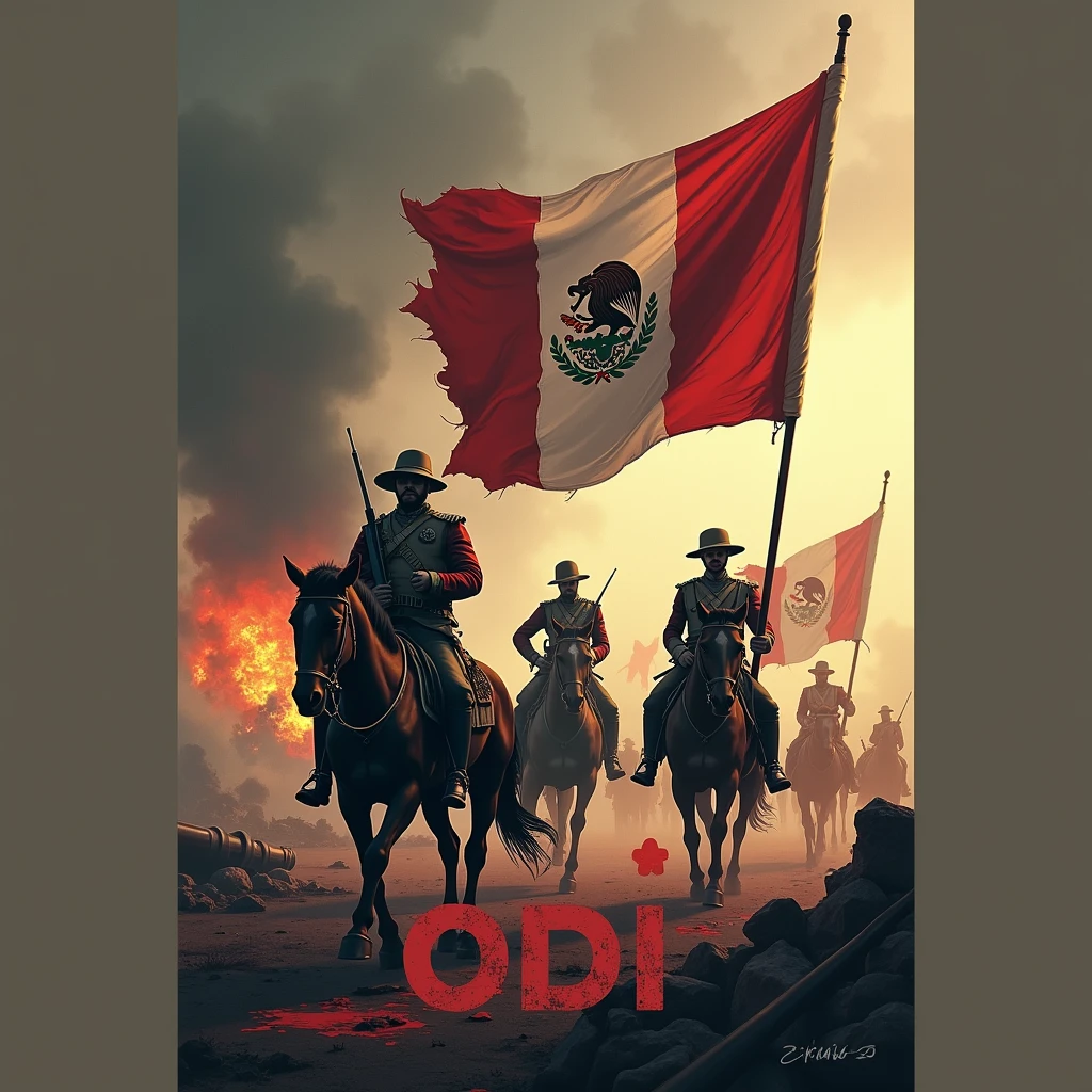 World War I logo with ODI name, with weapons and blood, with soldiers on horseback, and flags of Spain and Mexico 