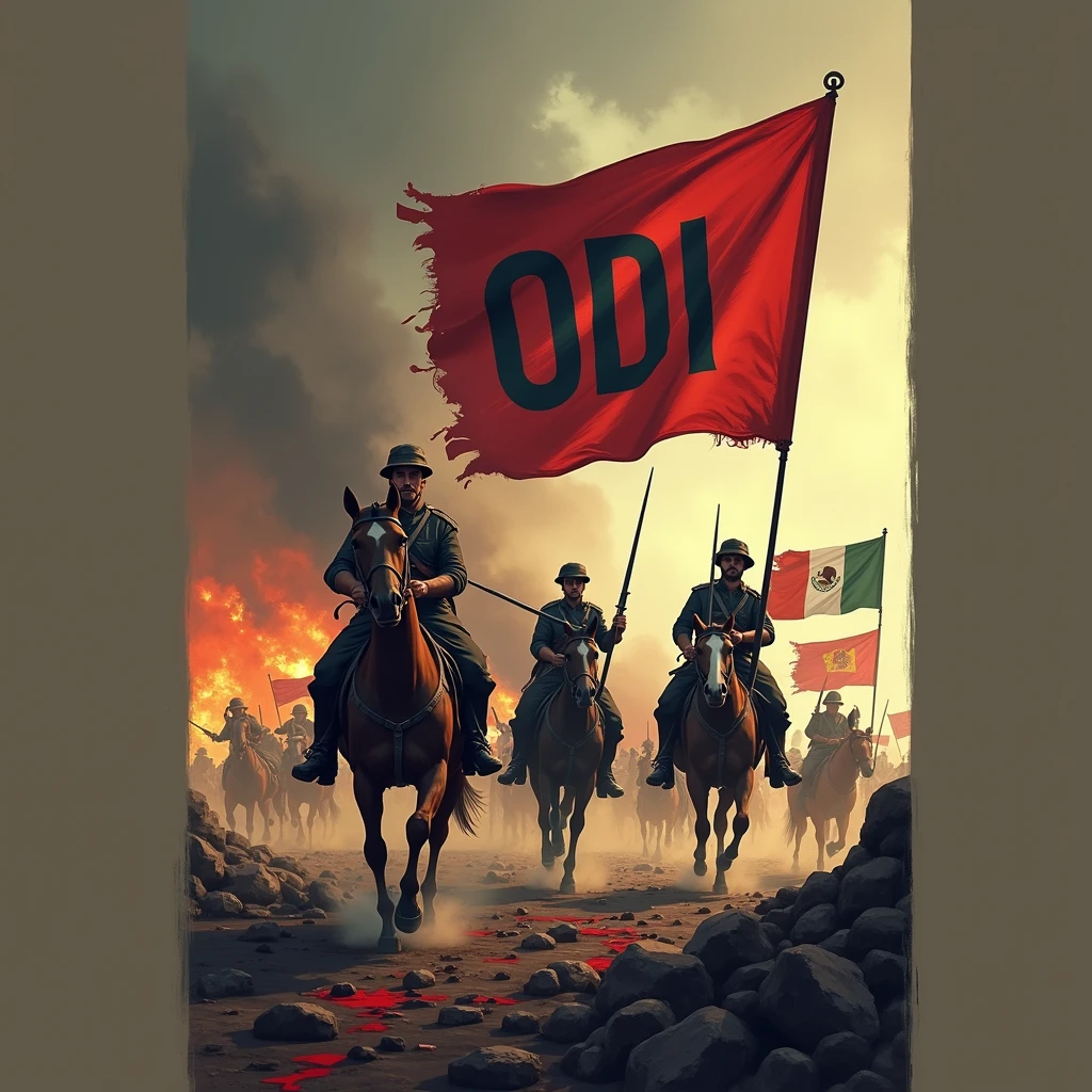 World War I logo with ODI name, with weapons and blood, with soldiers on horseback, and flags of Spain and Mexico 