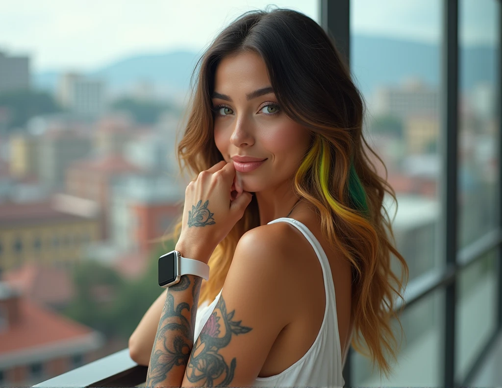 4K portrait of a brunette Argentinian woman, 30 years old, with rainbow-colored blonde hair, emerald green eyes, a perfect smile, wearing a white smartwatch on her wrist, with tattoos on her arm, looking out at the city. Perfect details, high-quality, dressed in elegant clothing