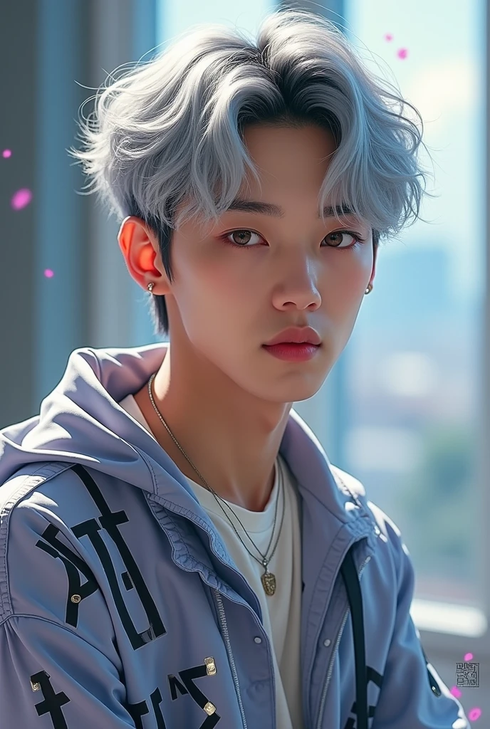 Jhope's bright, expressive brown eyes, chiseled facial features, and signature silver hair, adorned with delicate, curly strands framing his face, wearing a casual, modern outfit with bold, graphic patterns, and subtle BTS logo accents in metallic silver, with soft focus and gentle blurring to evoke a sense of dreaminess, all rendered in a mix of bold, expressive lines and delicate, gestural strokes.