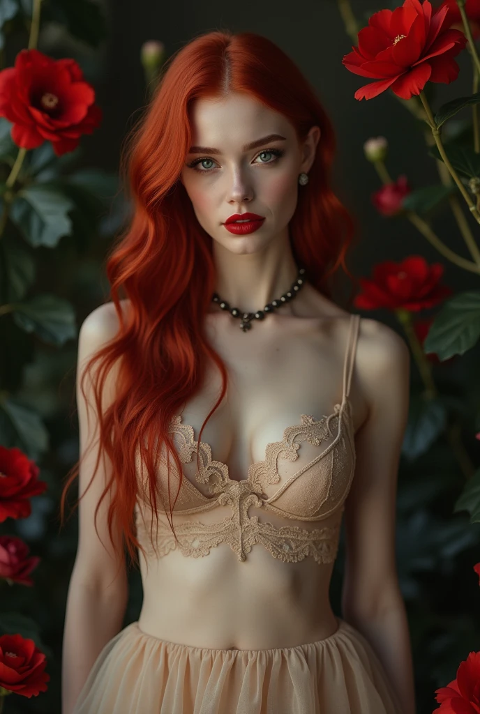 1girl, beautiful detailed eyes, beautiful detailed lips, extremely detailed face and portrait, vampire, long red hair, symmetrical, standing pose, bare shoulders, beige lace lingerie, beige tulle skirt, pale porcelain skin, red flowers blooming around, gothic, dark fantasy, elegant, (best quality,4k,8k,highres,masterpiece:1.2),ultra-detailed,(realistic,photorealistic,photo-realistic:1.37),cinematic lighting,dramatic chiaroscuro,vibrant colors,ethereal,mystical,dark romantic