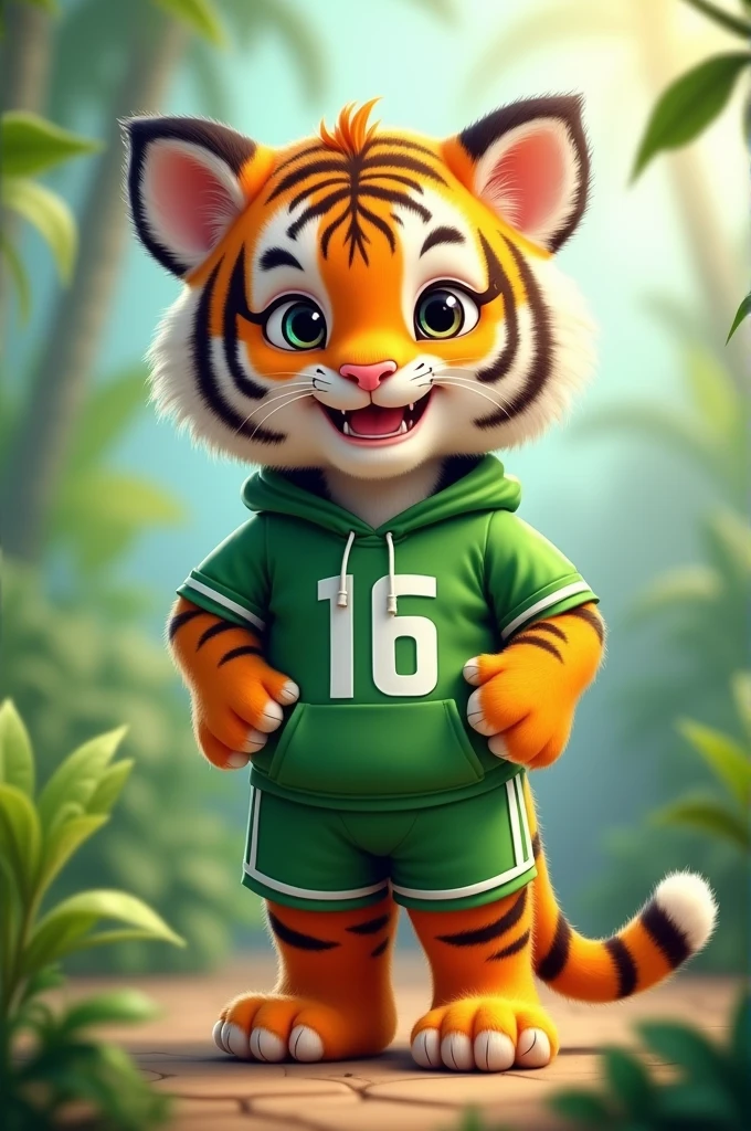 Baby tiger in green and white uniform