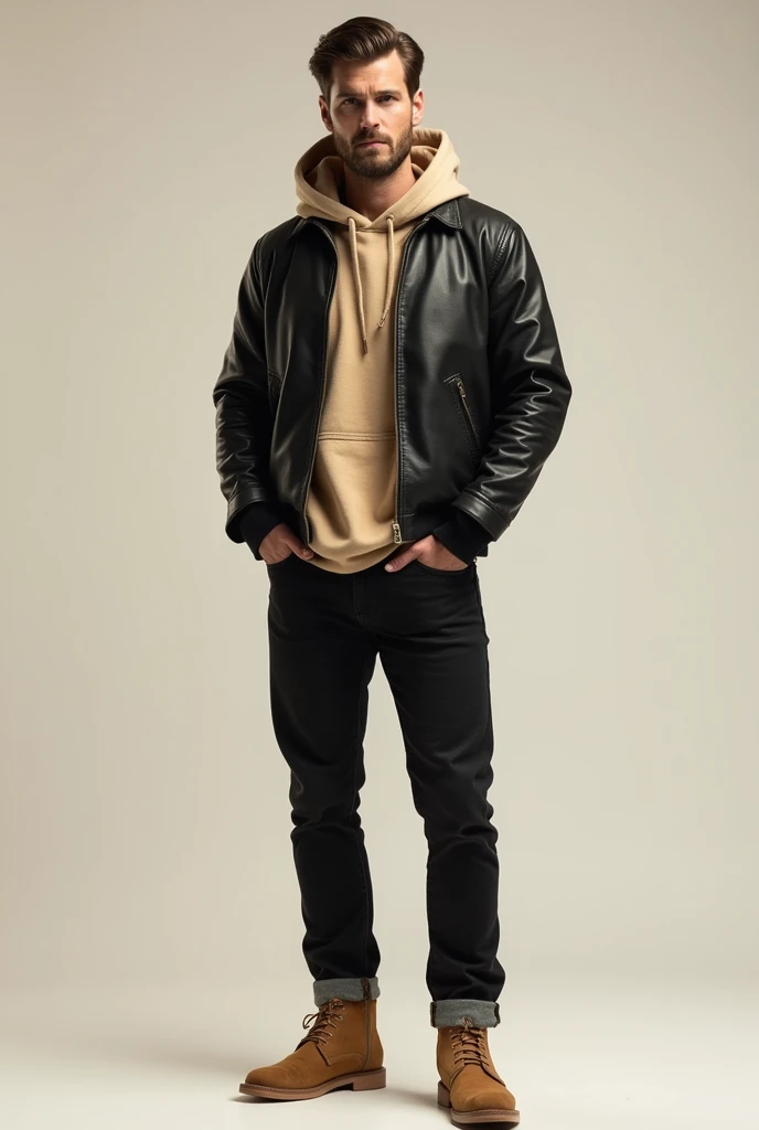 Man in short black leather jacket, under a sand-colored hooded sweatshirt, black jeans and camel-colored shoes