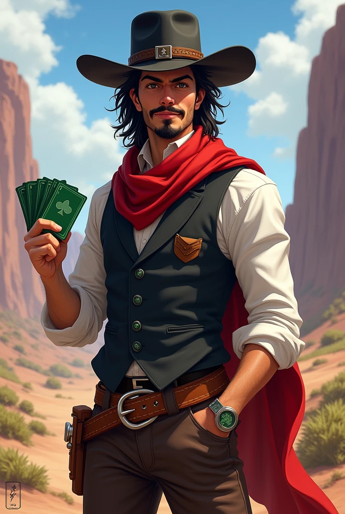 He is a well-groomed man with long, messy dark hair and a well-groomed mustache and goatee. He is 5'9" tall and wears a dark vest and a plain white shirt. He wears a black hat. He has brown pants with a buckle and black boots. A red scarf is wrapped around his neck. He holds a green deck of cards in one hand, while the other hand is in his pocket. He is a cheerful individual who radiates power, but is very kind. The character is intended to be styled in a fantasy RPG art style, set in the Wild West. He is young.
