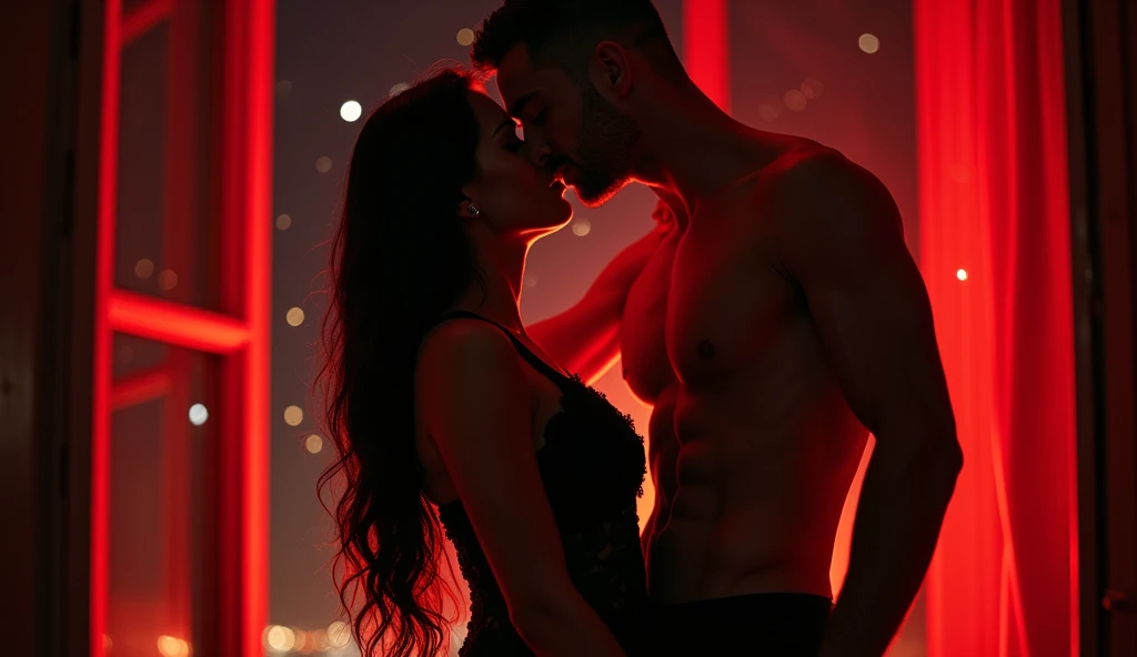 A sensual scene showing in close-up a voluptuous and daring Italian woman with long black hair dressed in elegant black lace, posing sensually in a French window, at night with stars. The lace of her dress contrasts with her bare skin. The Italian man in profile, shirtless, whose muscular figure is subtly highlighted by soft, dim red lighting, sensually kisses the woman's neck, creating a striking visual play. The intimate atmosphere is bathed in warm, dim red light, which casts deep shadows that enhance the contours of their bodies and the seductive tension of the moment.