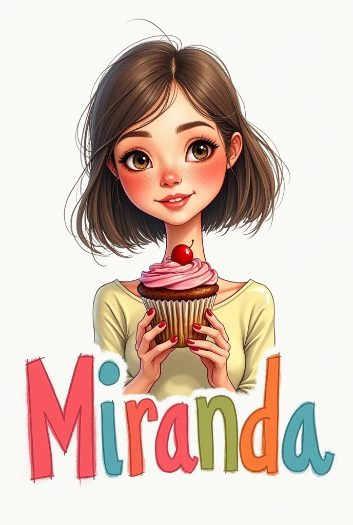 Imperfect freehand drawing of a white freckled woman with shoulder length hair holding a cupcake lying on top of text that says Miranda. pastries color pastel