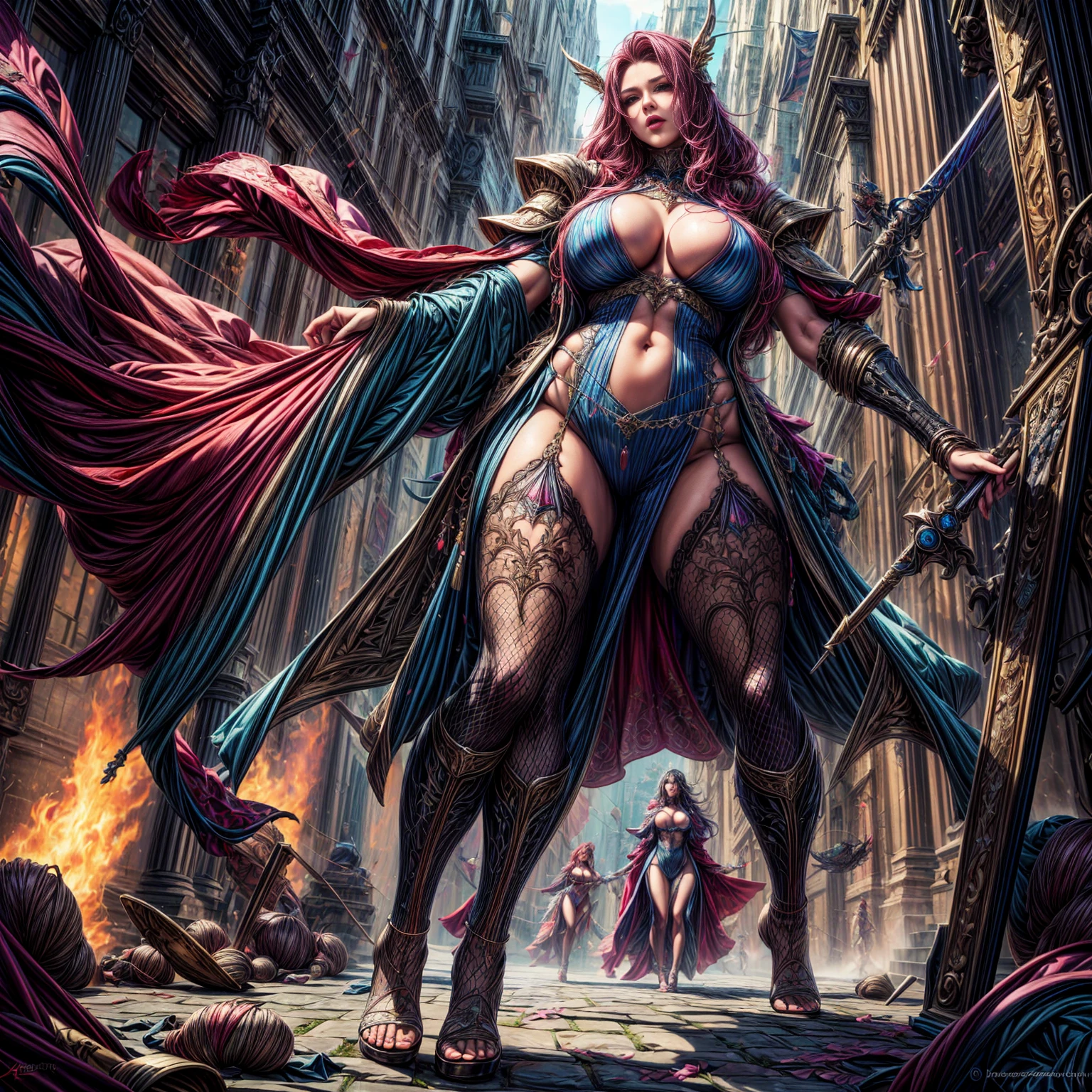 (full-body shot:1.5) , a group of female adventurers, cinematic composition, each wearing intricate patterned clothing and armor, beautiful detailed eyes, beautiful detailed lips, extremely detailed eyes and face, long eyelashes, dynamic poses, varied facial expressions, advanced equipment and weapons, dramatic lighting, epic fantasy landscape, (best quality,4K,8k,highres,masterpiece:1.2),ultra-detailed,(realistic,photorealistic,photo-realistic:1.37),cinematic angle, dramatic atmosphere, vibrant colors, fantasy art, digital painting