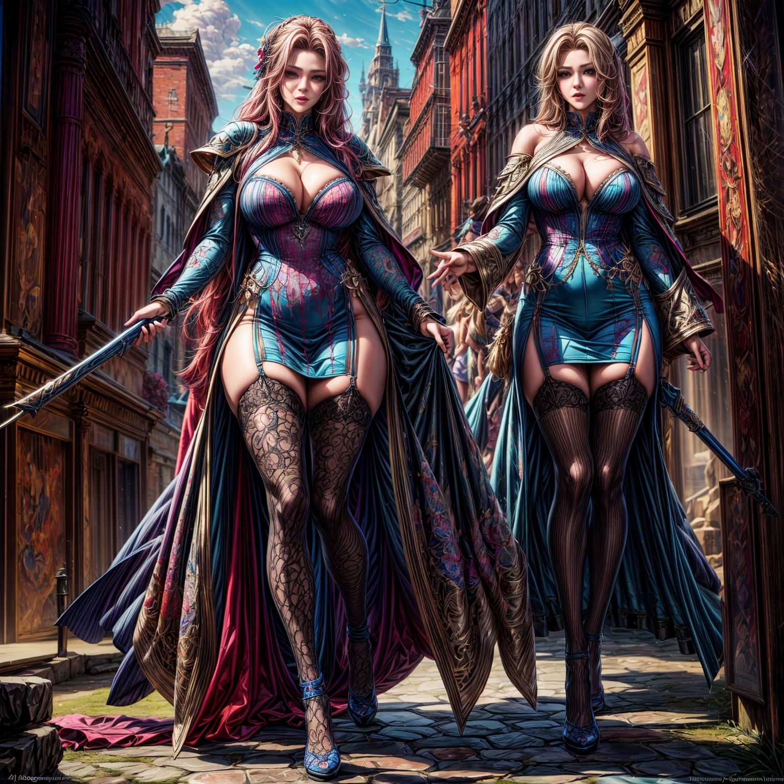 (full-body shot:1.5) , a group of female adventurers, cinematic composition, each wearing intricate patterned clothing and armor, beautiful detailed eyes, beautiful detailed lips, extremely detailed eyes and face, long eyelashes, dynamic poses, varied facial expressions, advanced equipment and weapons, dramatic lighting, epic fantasy landscape, (best quality,4K,8k,highres,masterpiece:1.2),ultra-detailed,(realistic,photorealistic,photo-realistic:1.37),cinematic angle, dramatic atmosphere, vibrant colors, fantasy art, digital painting