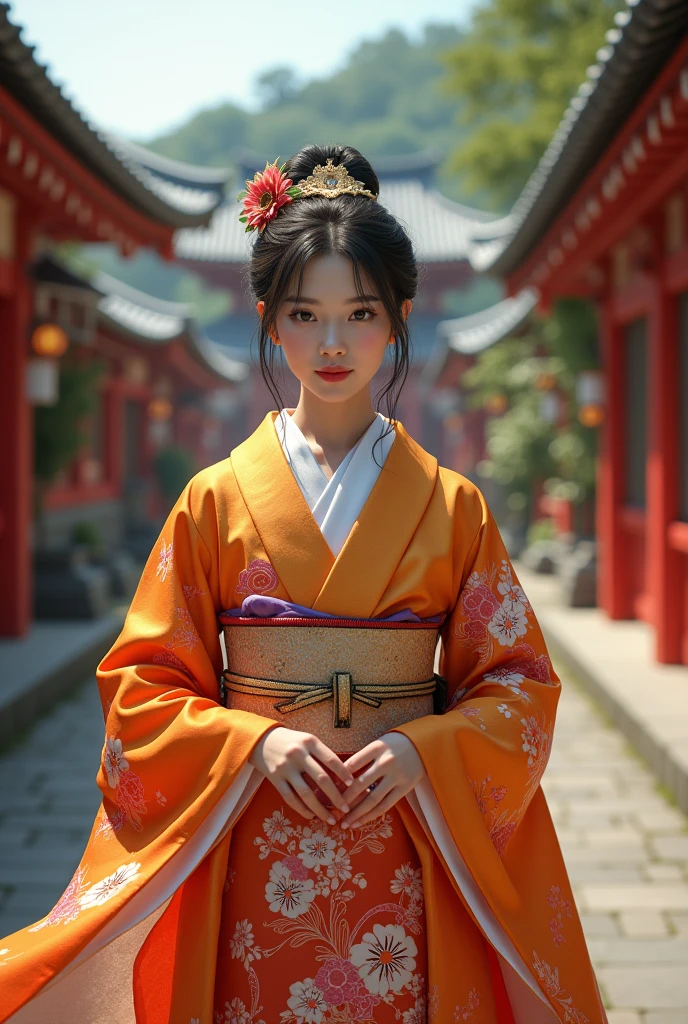 A beautiful young woman wearing brightly colored Japanese clothing、Japanese actress Kyoko Fukada、A charming expression、White Japanese clothing、Full Body Shot、background、Shrines and temples、Ukiyo-e style Japanese painting、The world created by CG、