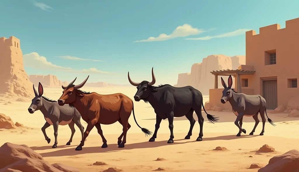 farm OXES AND DONKES IN THE DESERT IN ANCIENT ISRAEL