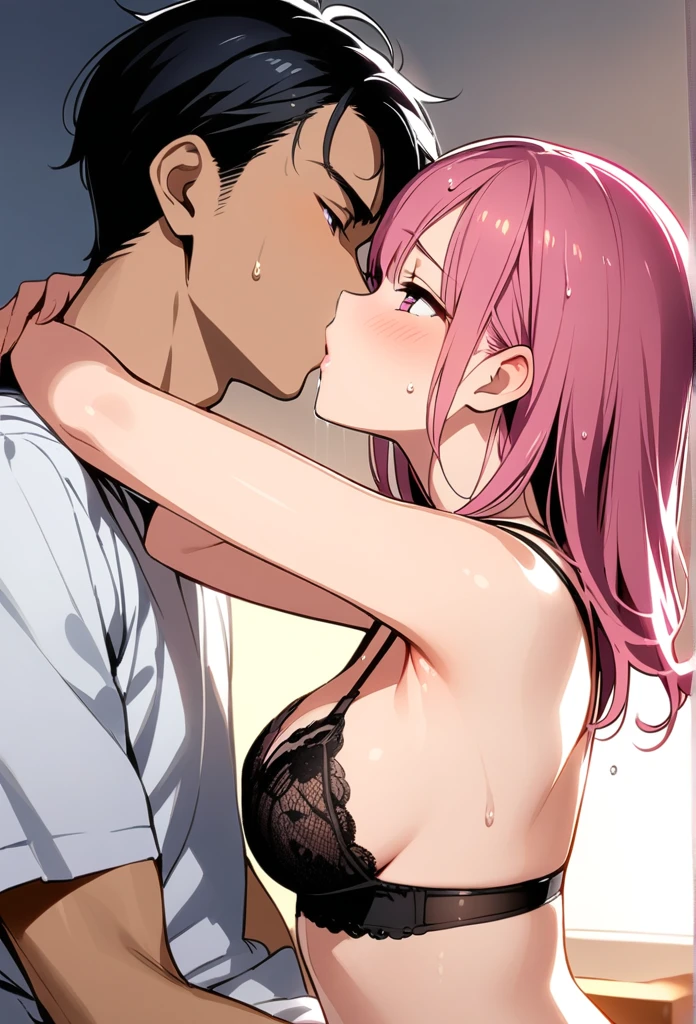 ,evening,Bedroom, White sheets, Shooting from the side, ((masterpiece)), ((Highest quality)), (Very detailed), beautiful girl, Kissing Scene, College student kiss, (((men and women))), (Cuddling in bed), , ((Cute college student. Pink Hair)), ((close ~ eye)), Black underwear,(wet lace bra, Black lace panties), Slender body, ((Mid-chest)),(Red cheeks),Sweat, whole body, Shooting from the side,Black-haired man
