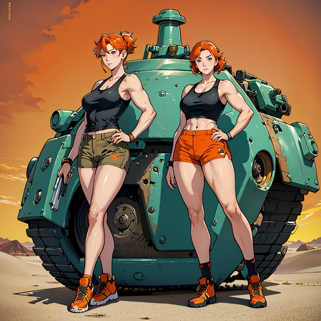 woman, 20-year-old, Orange Hair, Aesthetic body, Thick, ((stylish)), Mechanic, Mechanic clothes, Muscular legs, Desert camouflage, big , Tank top, Shorts, Futuristic, tools, High-tech equipment, toolsベルト, Different angles, (front, return, ~ side), Character Sheet, Model Sheet, Reference Sheet.