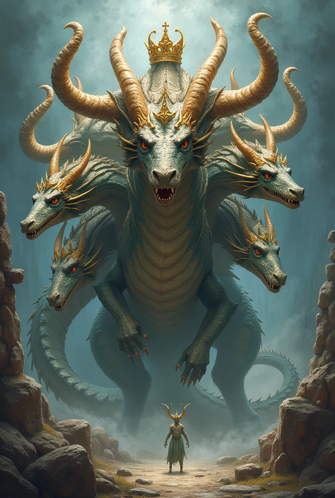 A drawing of a 7 headed dragon with 7 crowns and 10 horns
