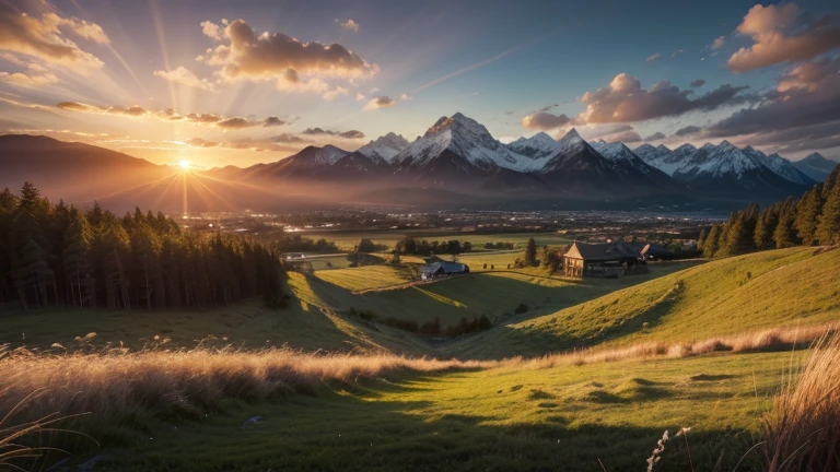 view from the ground of a grassy landscape at sunset, light rays, realistic, mountains in background, blue, orange, bright