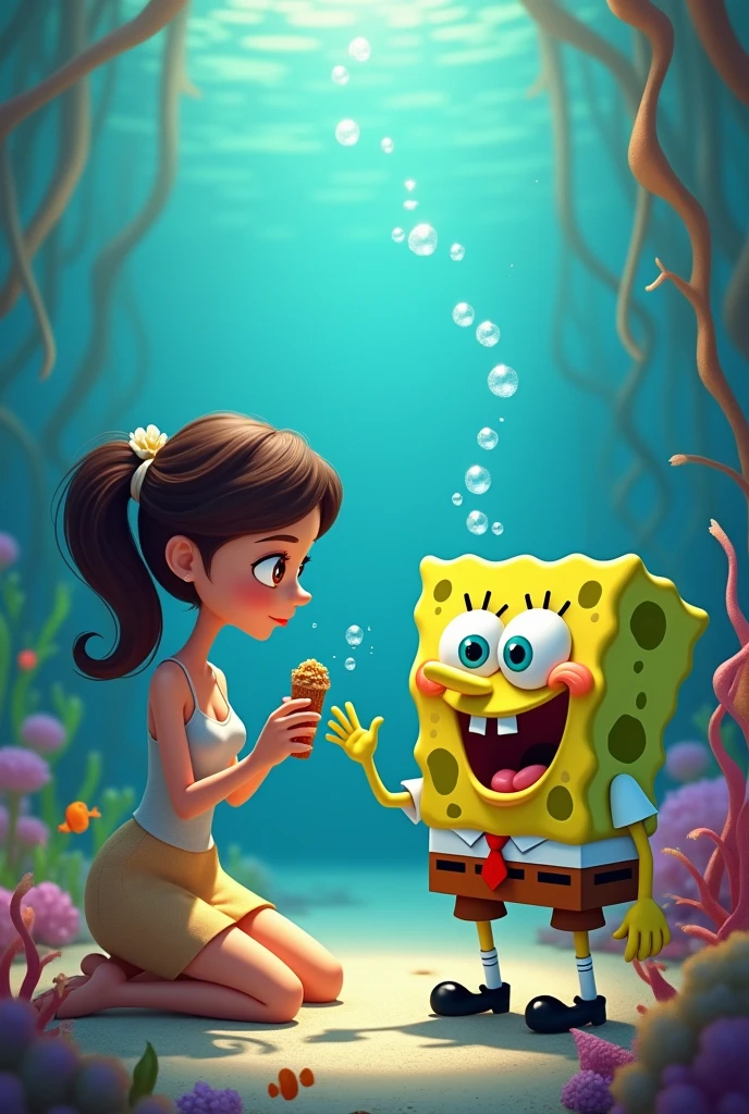 Woman with Sponge Bob eating a snack at the bottom of the ocean 