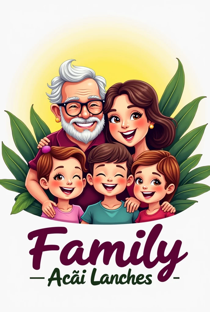 Create a logo for a snack bar, I want a family of 6 people to appear together, with the name Family Açaí Lanches highlighted