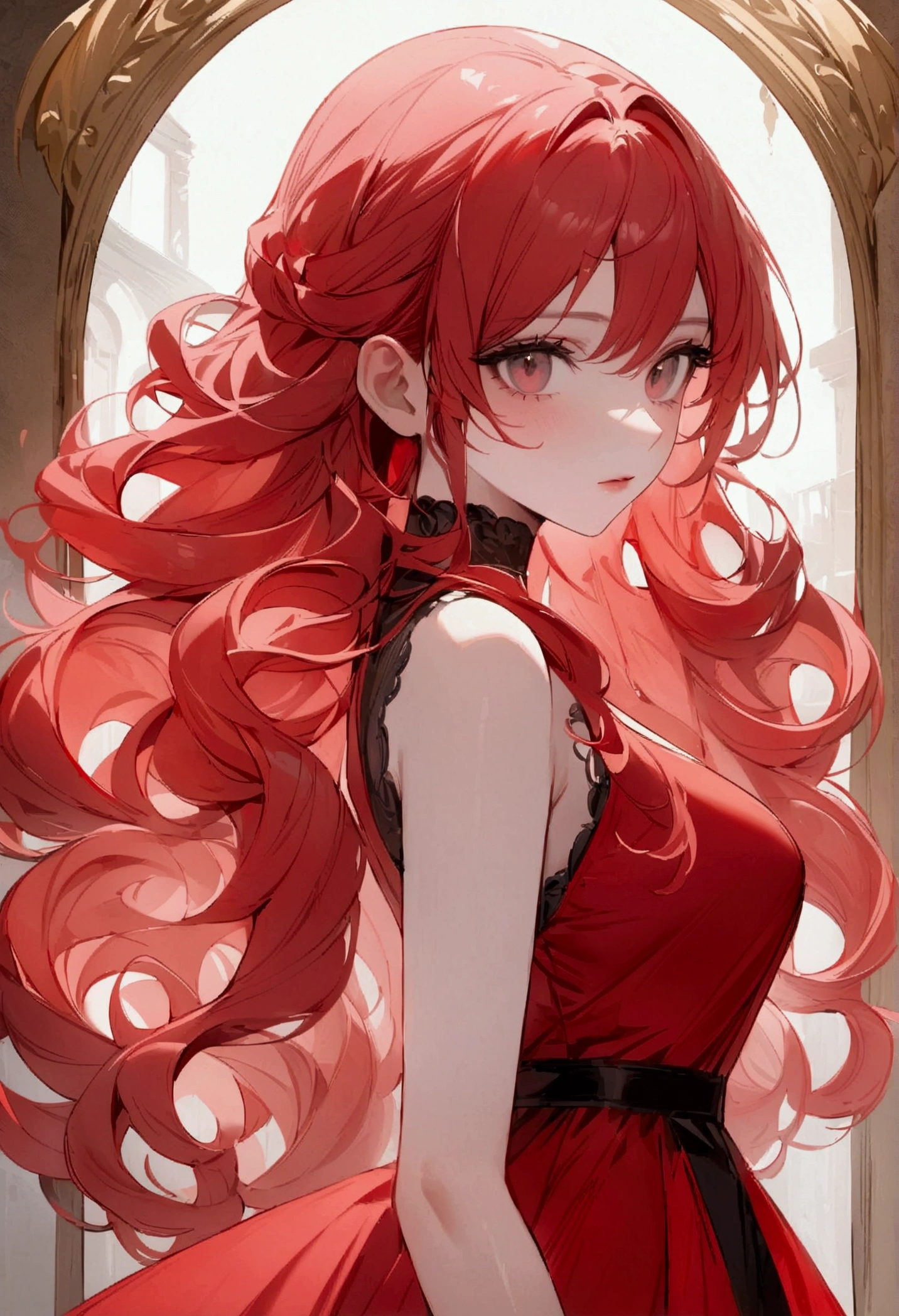 best qualityer, work of art, ultra high resolution, red-haired woman, , long curly hair,closed red dress, extreme detail, 4K,