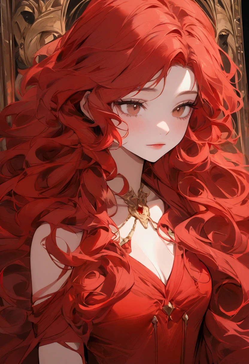 best qualityer, work of art, ultra high resolution, red-haired woman, , long curly hair,closed red dress, extreme detail, 4K,