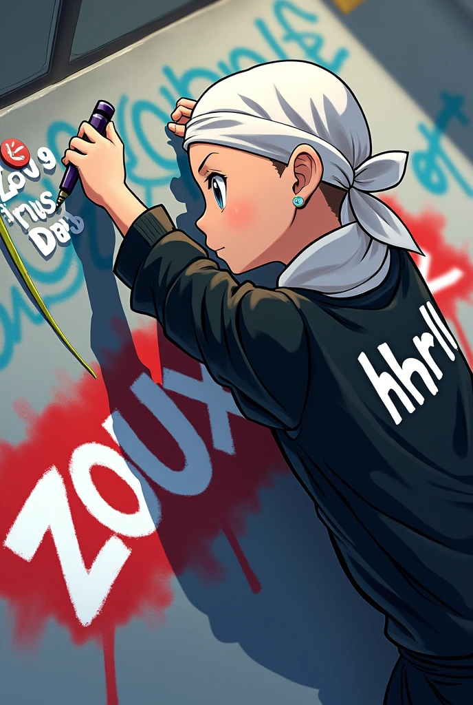 make a 14-year-old bald person with a white scarf on his head and black clothes dressed in a hip-hop style, who is on his back graffitiing the word "Zoux" and on the child's back says "hhrll" in white letters anime style
