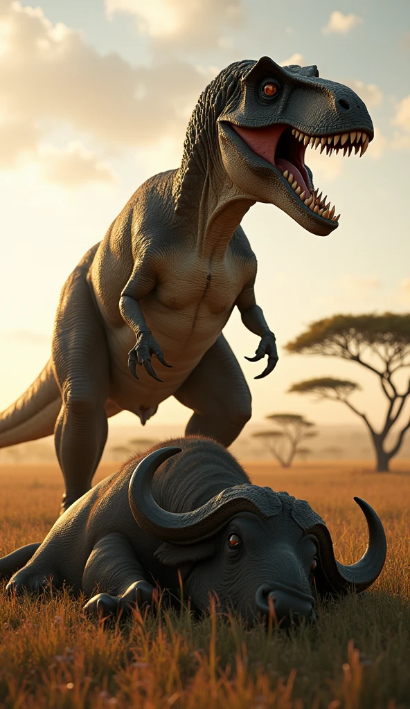 T-rex standing on a buffalo that it fought in savana