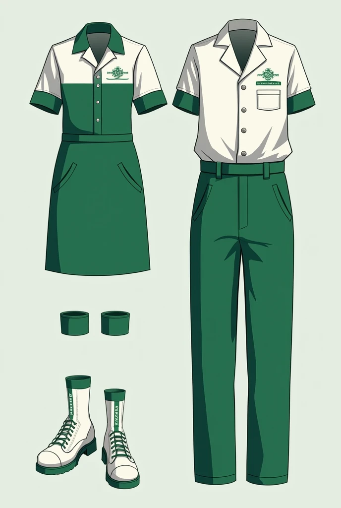 Green and white uniform of a drugstore called divs farma, female and male with a medicine symbol