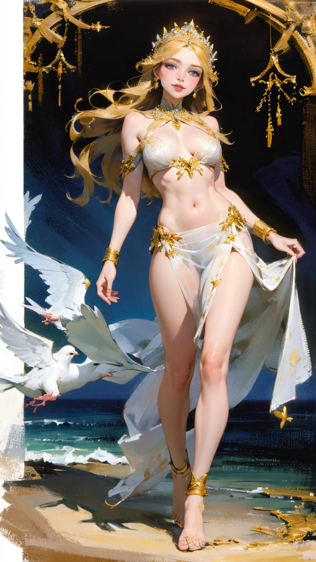 araffe Ancient Greek Goddess Aphrodite, Goddess,beauty,charming,youth,Graced,seductive,divine,mythological,touching,ethereal,celestial,statuary,idealized figure,sensual,seductive,exquisite features,Golden hair,rosy cheeks,piercing blue eyes,perfectly arched eyebrows,fully defined lips,Goddess-like elegance,serene expression,dressed in flowing and diaphanous clothes,barefoot,standing on a seashell,emerging from the sea foam,smiling,sea breeze gently caressing your face,surrounded by flowers and doves,Transcendent Aura,radiant shine,heavenly glow illuminating his presence,divine love and desire,fertility and beauty,Soft and warm lighting,Subtle color palette,evoking a sense of purity and innocence,Sublime masterpiece:1.2,High resolution,ultra detailed,realist