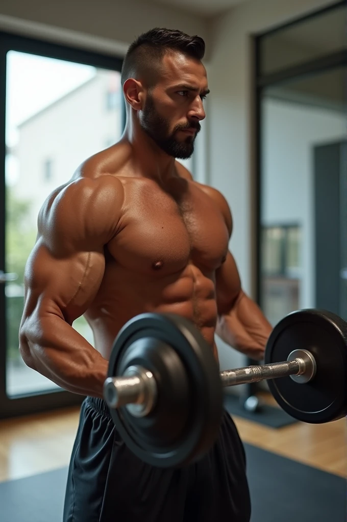 Make an image of a man exercising with a dumbbell