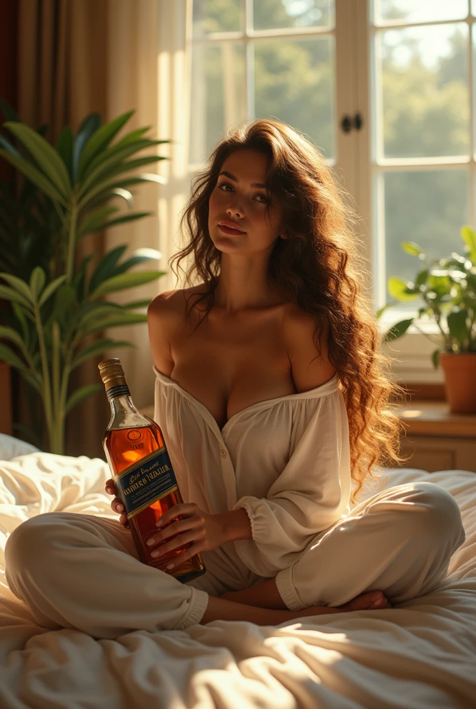 (photorealism: 1.2),poster of beautiful woman, sitting on bed, wearing loose off-shoulder blouse, pajama pants, long curly hair, holding bottle of Johnnie Walker Blue Label in her hands, indoor, soft lighting , plants in the background, window with sunlight, cozy room, relaxed pose, realistic and intricate details, warm colors, by Greg Rutkowski, by Alphonse Mucha