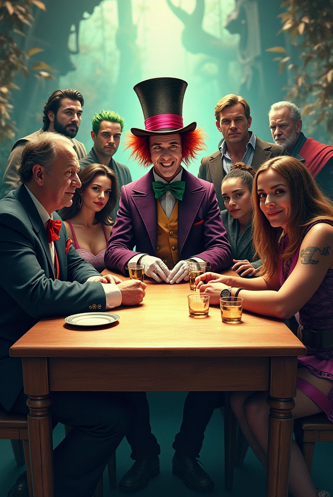 Make the Mad Hatter's rectangular table with him at the tip and in the middle of the image and the rest of the characters so that the table is facing forward Cyborg Joker Echo (Maya Lopez)
Jason Grace
Leo Valdez
Loki
Nico di Angelo
Piper McLean
Professor Xavier
Reyna Avila
Toph
Thor