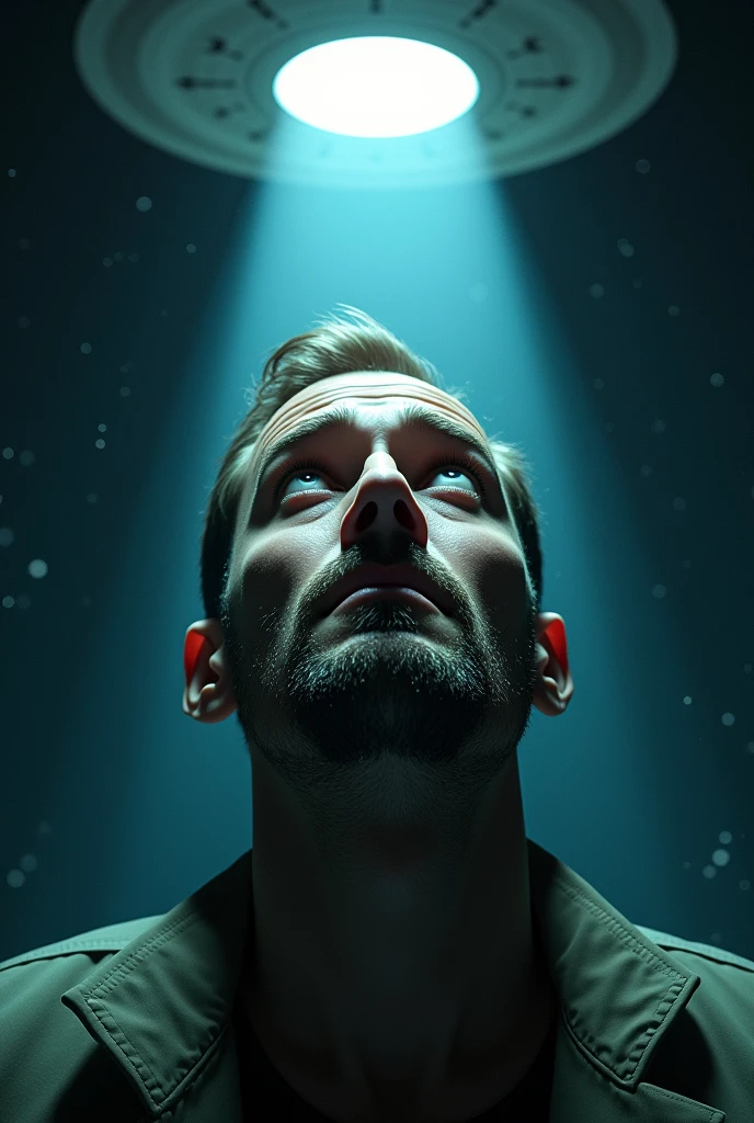 Man abducted by UFO, close up